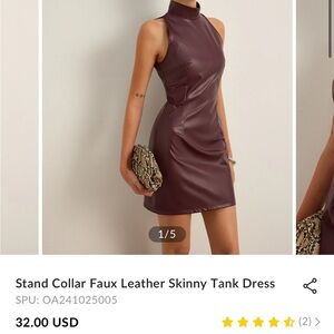 Stand Collar Faux Leather Skinny Tank Dress - Burgundy